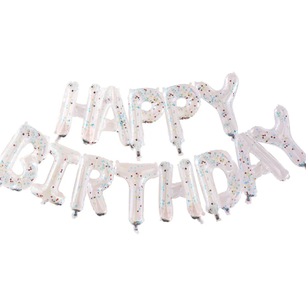 Ballonschriftzug "Happy Birthday" Konfetti Transparent