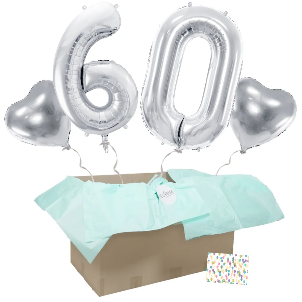 Heliumballon-Geschenk 60. Geburtstag Set Deluxe Silber