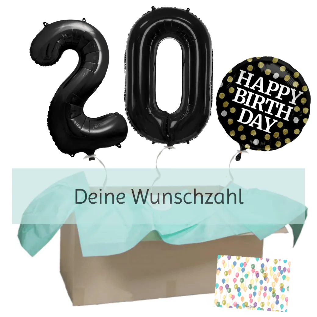 Heliumballon-Geschenk "Happy Birthday" Sparkling Black XXL Set Deluxe