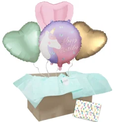 Heliumballon-Geschenk "Happy Birthday" Einhorn Herzen