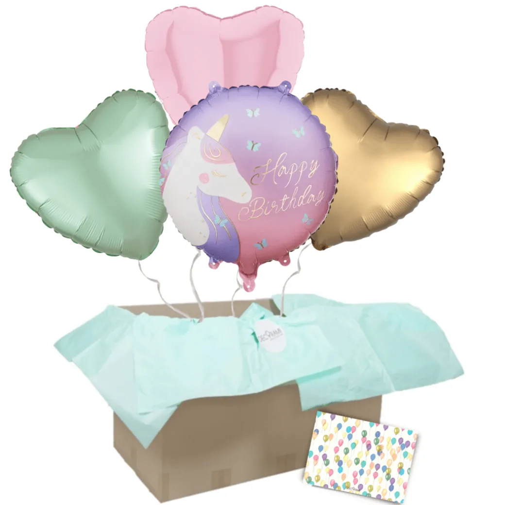 Heliumballon-Geschenk "Happy Birthday" Einhorn Herzen