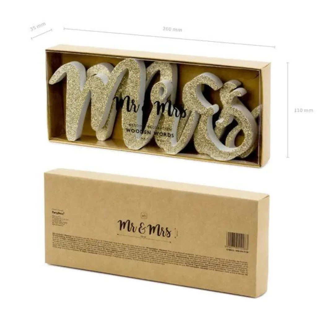 Holzaufschrift "Mr & Mrs" Gold Glitzer
