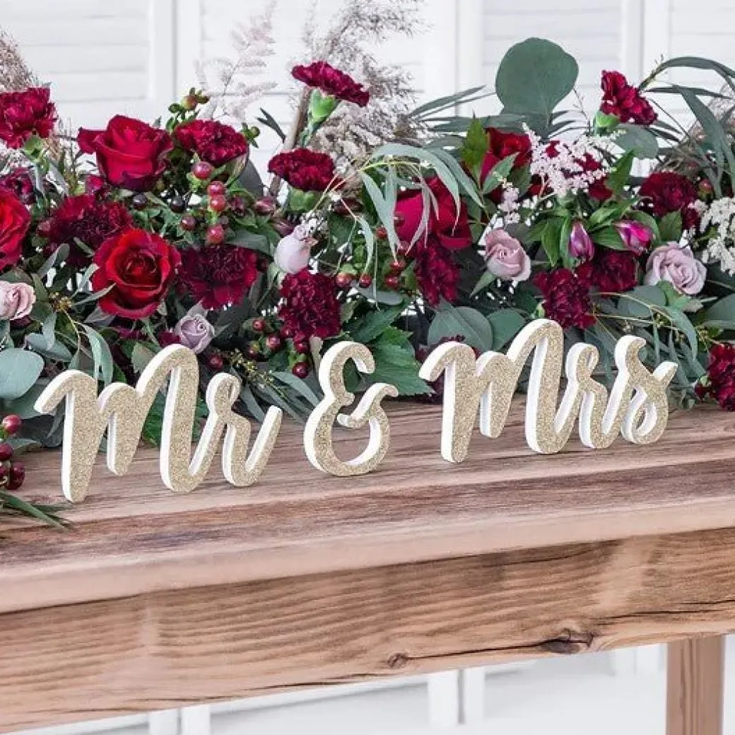 Holzaufschrift "Mr & Mrs" Gold Glitzer