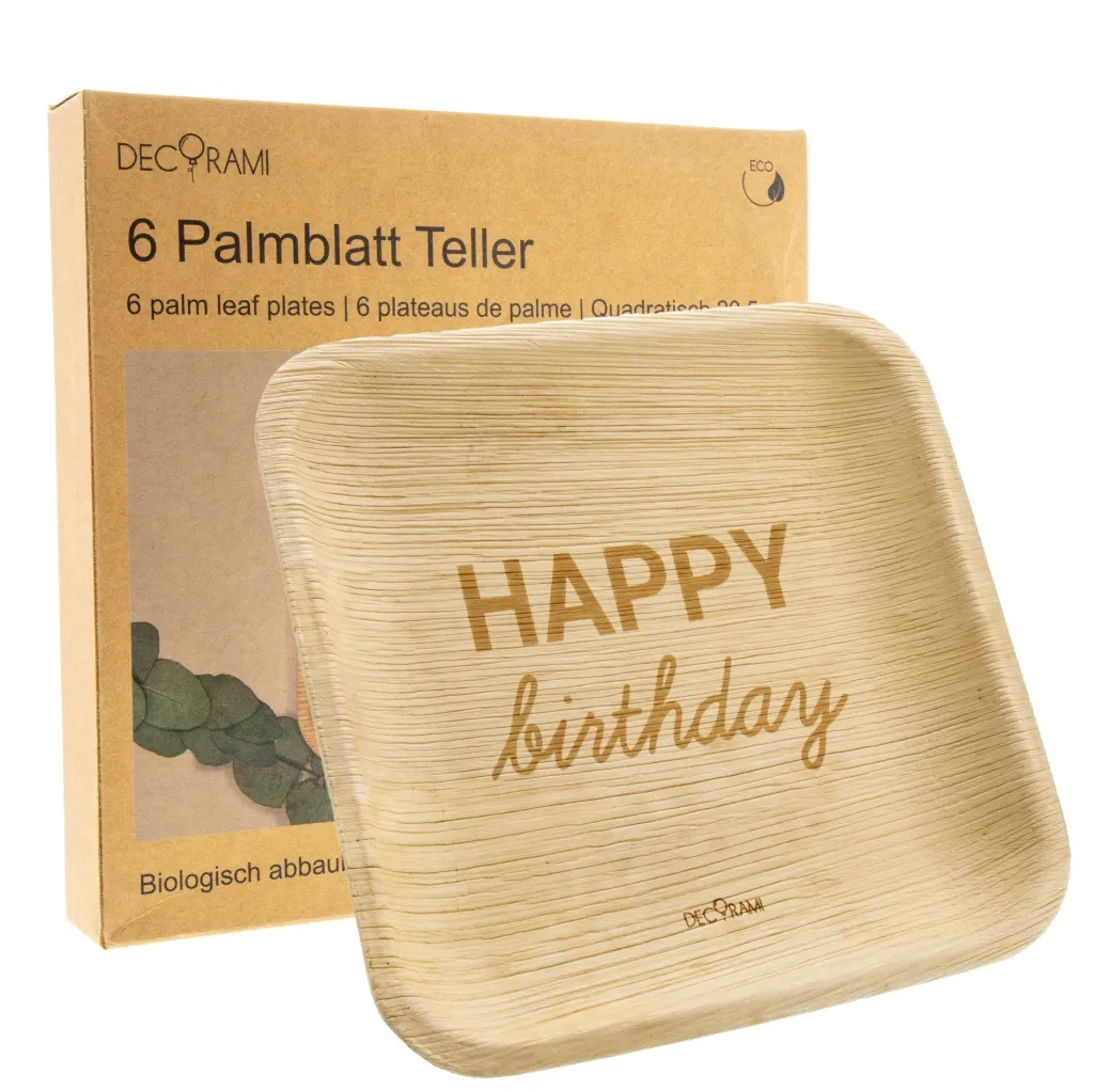 Palmblatt Teller "Happy Birthday" 6 Stk.