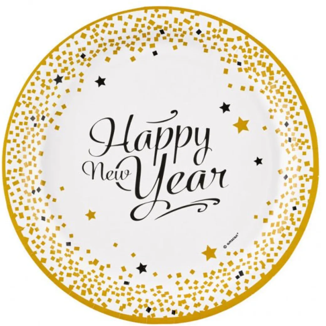 Pappteller "Happy New Year" Weiß-Gold 8 Stk.
