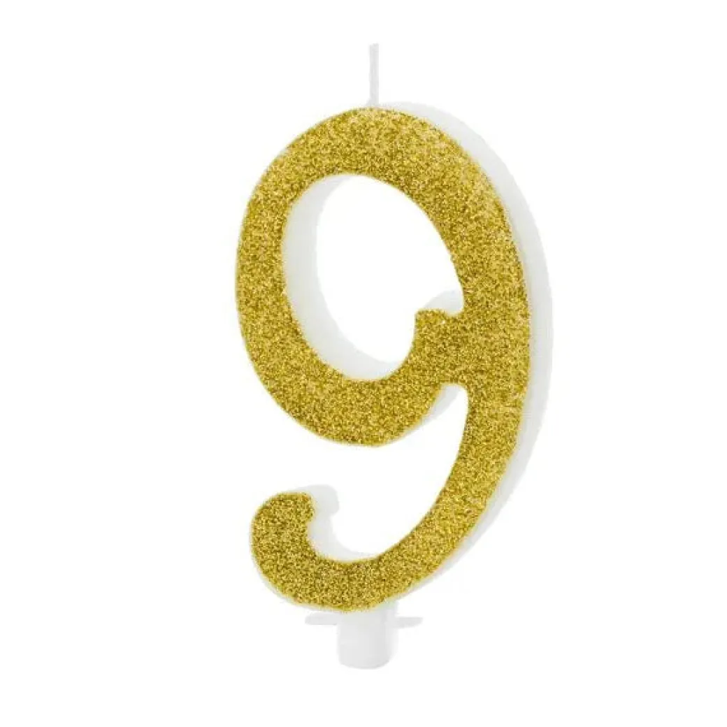 XL Geburtstagskerze Gold Glitzer "9"